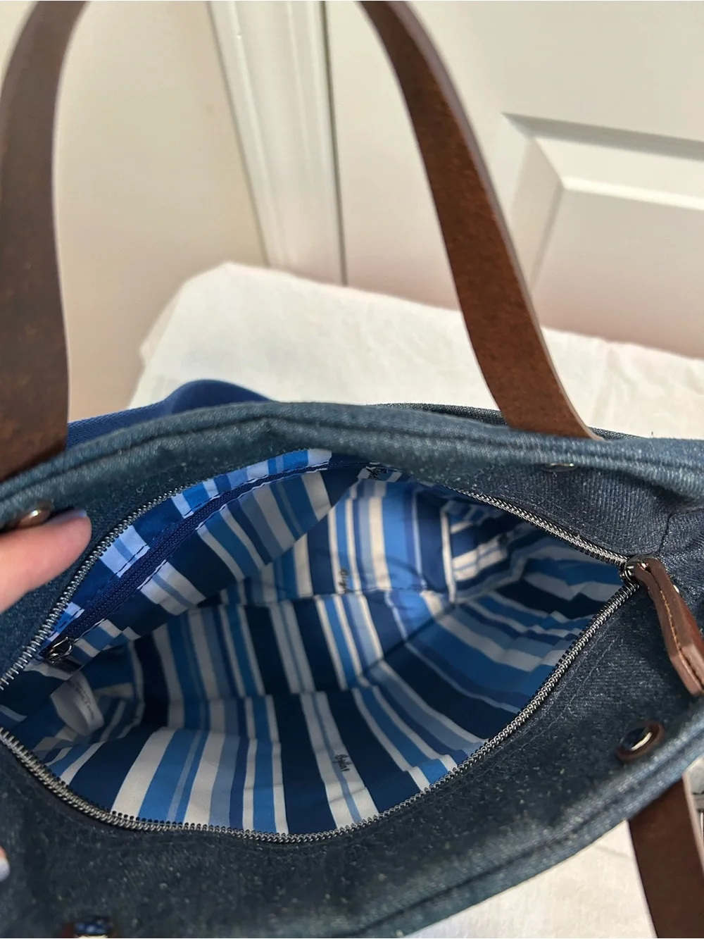 Brighton Navy Denim Tote with Red Heart Embroidery and Blue Strap
